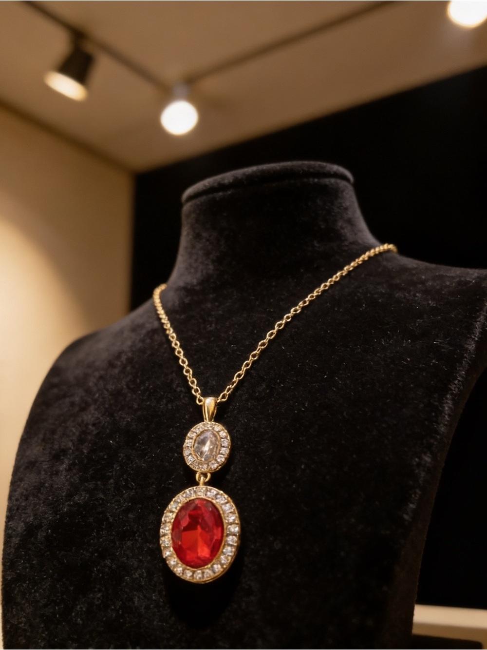Ruby Red Oval Halo Pendant Necklace – Gold Tone with Crystal Accents